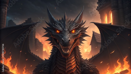 Fierce Black Dragon in Fiery Fantasy Ruins with Glowing Eyes and Flames