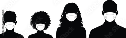 N95 mask silhouette illustration, people in respirators, vector faces with medical masks, protective mask group image, safety equipment outline graphic