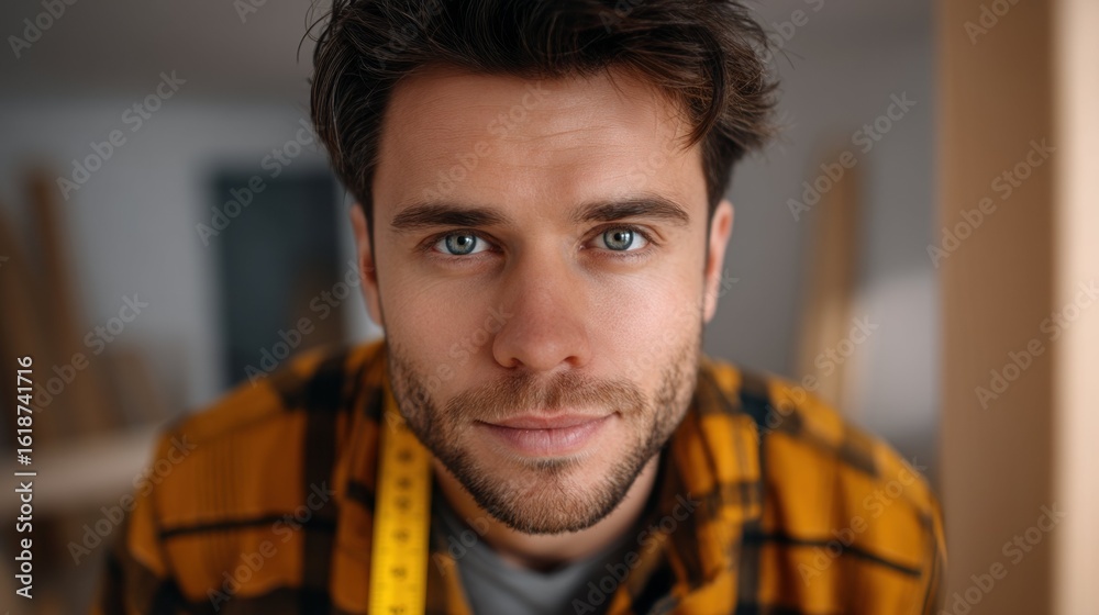 Fototapeta premium Young Male Carpenter Measuring Wood in Workshop Creative Craftsmanship Environment Professional Perspective