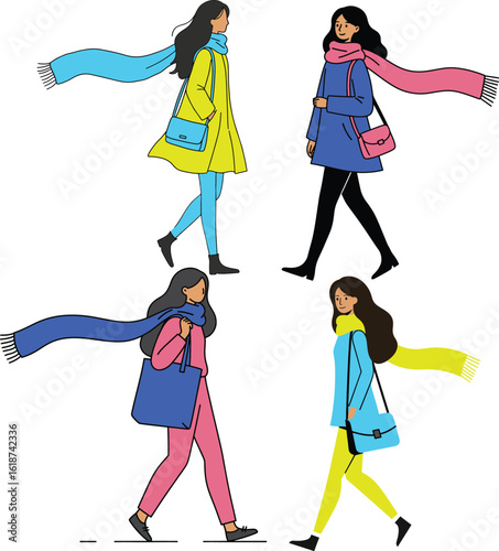 Vector illustration of a woman in a dress with shopping bags, walking in a fashion silhouette