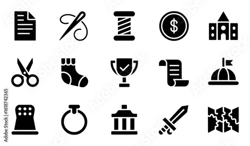 Document needle thread spool coin building scissors sock trophy scroll flag thimble ring