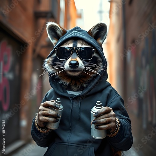 Gangster raccoon character in black hoodie, sunglasses and holding spray paint, urban alley background blurred, focus on raccoon