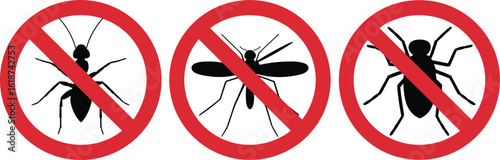 no insect sign vector, pest control symbol set, banned bug icon collection, fly mosquito ant prohibition graphic, warning insect silhouette illustration
