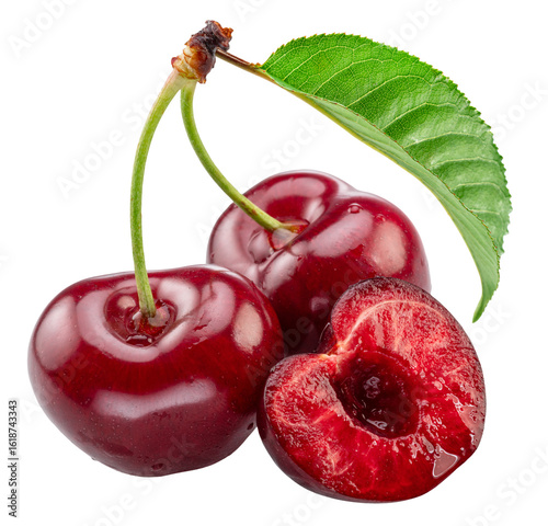 Cuadro en lienzo Sweet cherries with green leaf and half of pitted cherry isolated on white background