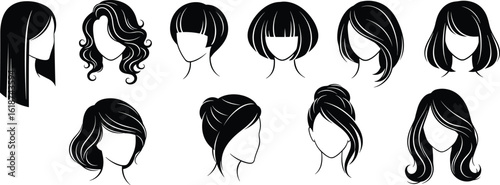 Trendy female hairstyle collection, stylish haircuts and silhouettes, fashion-forward beauty illustrations for salon, cosmetics, advertising, editorial, and branding visuals