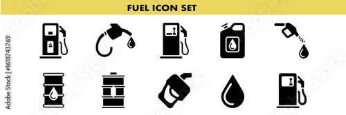 Various gasoline icons including pumps and fuel cans with droplets in black and white silhouette