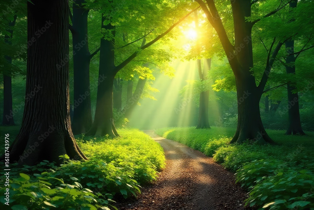 Fototapeta premium Sun-dappled forest path winds through lush green canopy, sunlight filtering through leaves, creating a magical atmosphere Perfect for nature, travel, or fantasy themes , shadow, spring, ecology