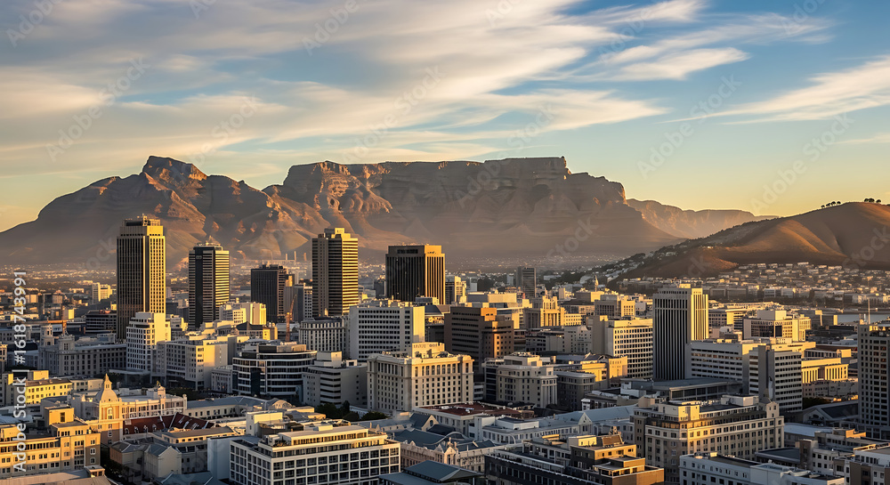Fototapeta premium Stunning Aerial View of Cape Town Cityscape with Table Mountain at Sunset