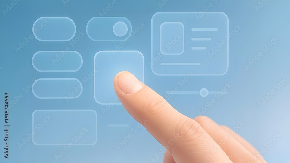 Close-Up of Finger Interacting with Floating Semi-Transparent UI – Futuristic Touch Interface Close-Up of Finger Interacting with Floating Semi-Transparent UI – Futuristic Touch Interface