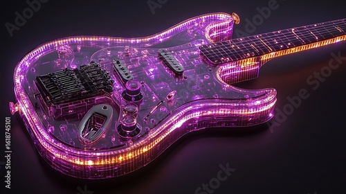 A transparent electric guitar with inner components and glowing lights.