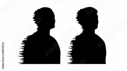 Two silhouettes of men with glitch effect on the lower part of their bodies in black and white color