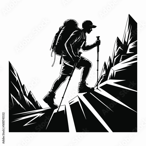 Silhouette of a hiker climbing a mountain with trekking poles