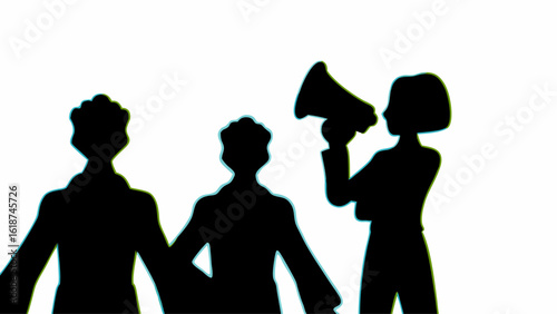 Three silhouetted figures with one person speaking into a megaphone on a white colored background scene