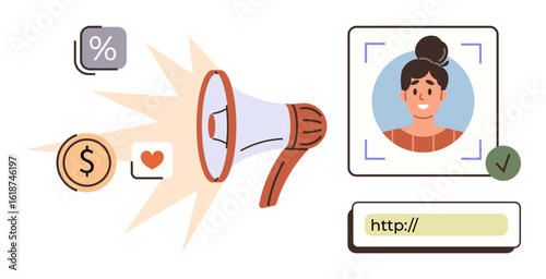 Megaphone emitting icons thumbs up percentage, heart, and dollar sign beside a verified user profile and URL bar. Ideal for marketing, branding, promotion, communication, online engagement