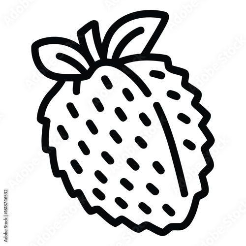 Black and white outline of a textured fruit with leaves icon symbol