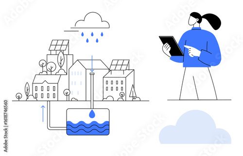 Rainwater harvesting system integrated into urban structures, monitored by a woman with a tablet. Ideal for sustainability, smart city design, renewable energy, eco-innovation, water management