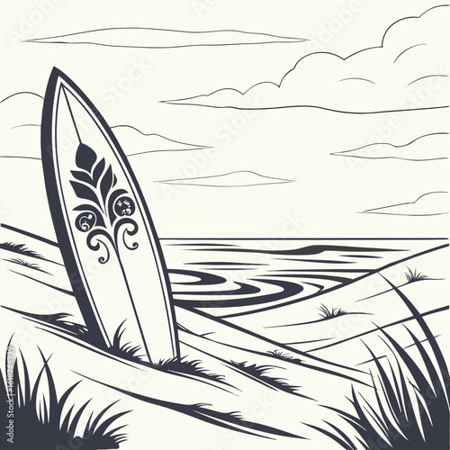 Surfboard stuck in sand with ocean background, black silhouette design