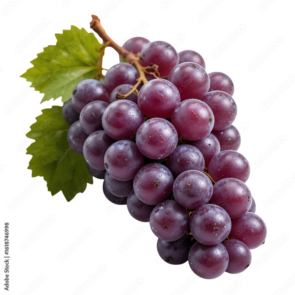 Fototapeta premium Close Up Of A Bunch Of Red Grapes With Green Leaves On A Transparent Background