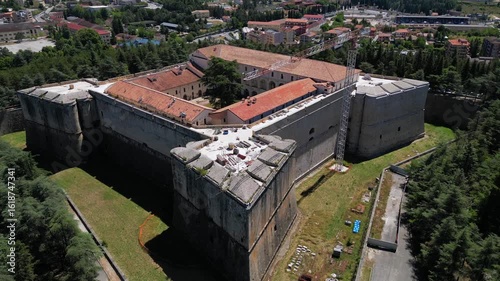 Italy, July 10, 2025: Aerial view of the Spanish Fort (also known as the Cinquecentesco Castle). It is a fortress in L'Aquila, built as part of a grandiose military reinforcement project.