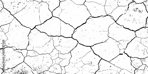 A stark, high-contrast black and white texture of deeply cracked and dry earth, featuring a dense network of thick, irregular black lines forming a grunge pattern against a pure white background.