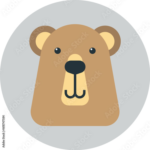 Friendly brown bear face, cartoon style, simple design, circular background.