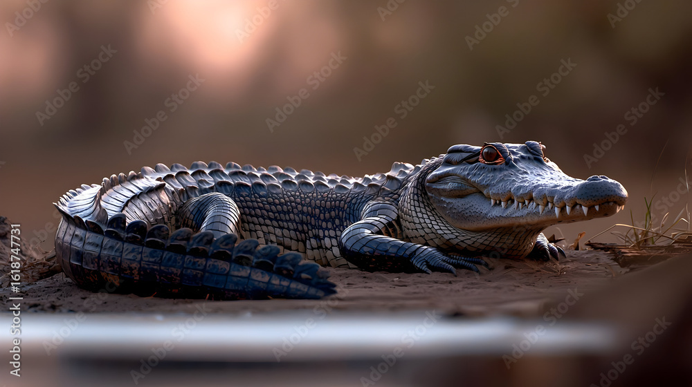 Fototapeta premium Crocodile On Riverbank In Sunlight