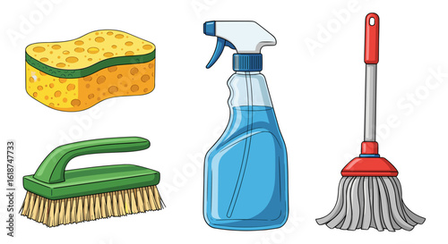 Essential Household Cleaning Tools for Sparkling Surfaces with Mop Brush Sponge and Spray