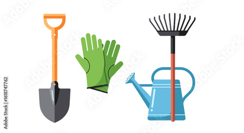 Gardening Tools Set Including Shovel Watering Can Gloves and Rake Isolated on Transparent Background