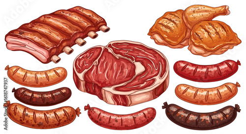 Delicious Assorted Meats Barbecue Feast Featuring Pork Ribs Beef Steak and Sausages isolated on transparent background