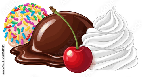 Delicious Chocolate Ice Cream Scoop with Sprinkles and Cherry Isolated on Transparent Background