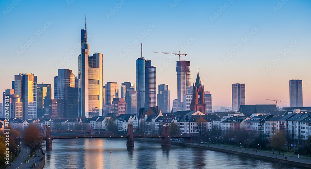 Fototapeta premium Frankfurt Skyline at Dawn: Panoramic View of Modern Architecture and River Main, Germany