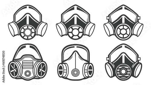 Clean vector illustrations of six vintage-style gas masks; industrial safety equipment; monochrome design.