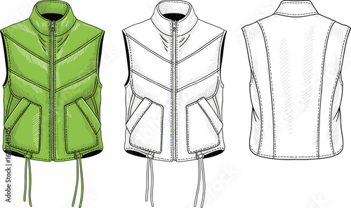Sleeveless vest design, green front view, detailed stitching, back perspective, zipper closure, high collar, pockets, flap detail, technical sketch, fashion