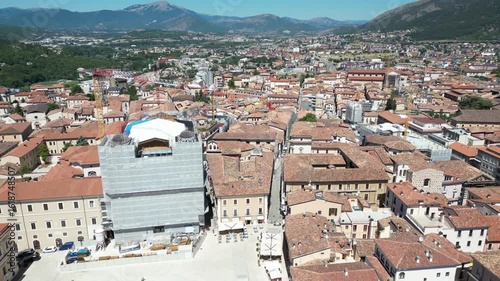 Italy, July 10, 2025: Aerial view of Piazza del Duomo in L'Aquila, Abruzzo region. Also known as the market square, it is the largest in the city.