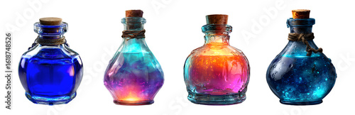 Set of glowing glass potion bottles with cork lid in blue and rainbow color tones for Halloween, isolated on transparent background.