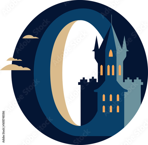 Blue castle with glowing windows in big letter O (vector)