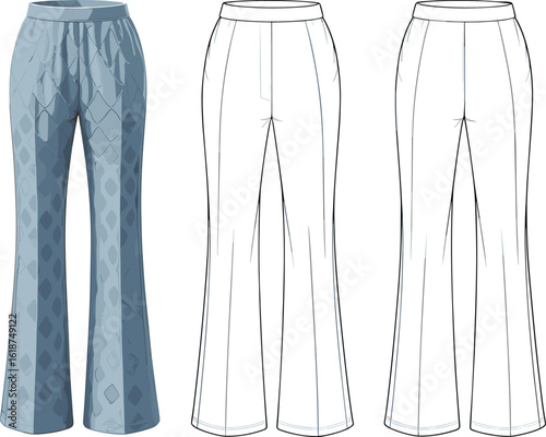 Stylish men’s pants design with diamond pattern, technical sketch front and back view, fashion garment illustration, blue casual trousers template