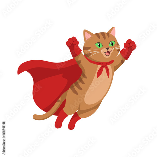 Brown tabby superhero cat with a red cape and gloves flying powerfully, isolated on white background
