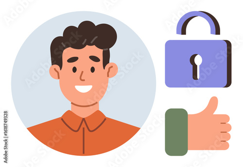 Smiling man portrait with a locked padlock and thumbs-up gesture symbolizing trust, security, approval, authentication. Ideal for privacy, safety, identity, cybersecurity, reliability user trust