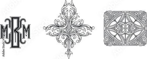 Three ornate, detailed designs featuring a monogram, a floral cross, and a rectangular pattern, all in black and white.