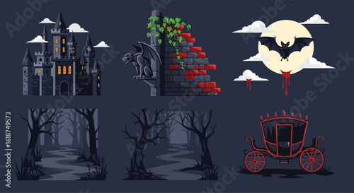 Pixel art collection featuring a spooky castle, gargoyle, bat, forest paths, and a carriage, all in a dark, gothic style.