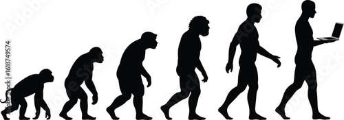 evolution silhouette, human evolution vector, monkey to man, evolutionary progress, caveman to modern man, technology evolution, walking silhouette, laptop use art