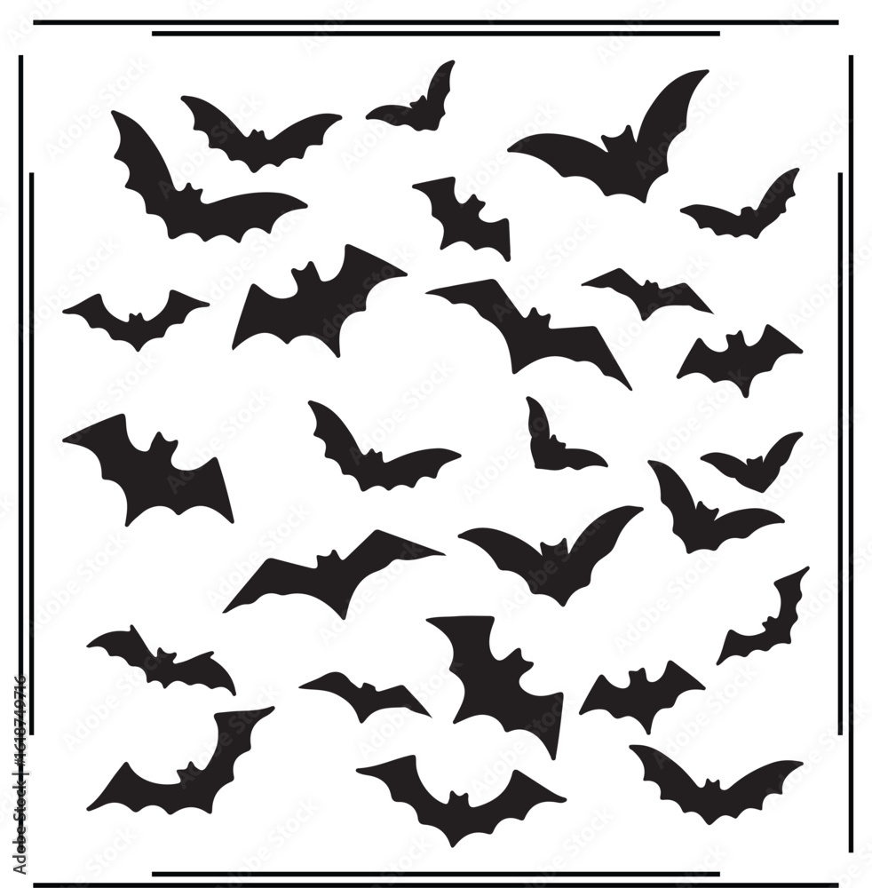 Fototapeta premium Bat Silhouettes Set - Flying and Perched Bats, Halloween Animal Icons, Spooky Graphics for Horror, Nature, and Creative Design Use
