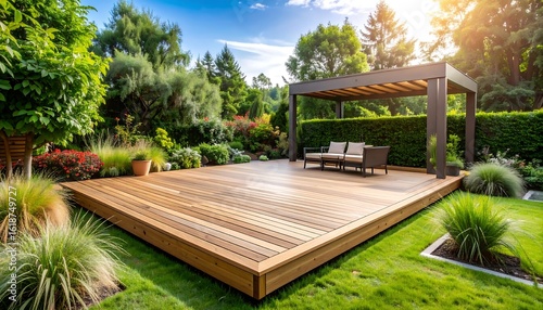 Luxurious outdoor deck with pergola and landscaping