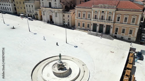 Italy, July 10, 2025: Aerial view of Piazza del Duomo in L'Aquila, Abruzzo region. Also known as the market square, it is the largest in the city.