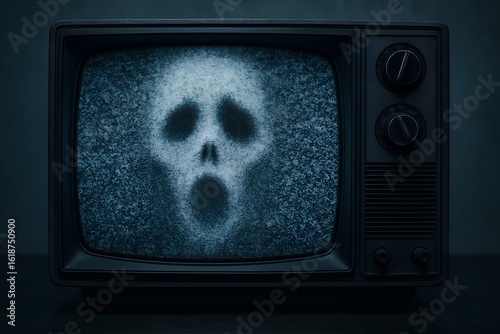 Eerie Glow A Vintage Television Displaying a Spectral Figure Amidst Static A Haunting Image for the Spooky Season