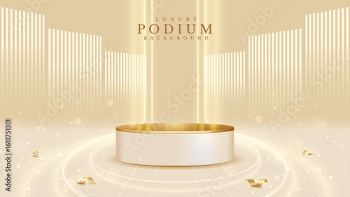 Empty elegant podium golden on cream color background with light neon effects and glow bokeh with gold ball decorations. Luxury scene design concept.