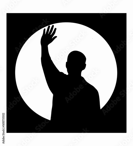Black silhouette of man waving hand inside white circle on black background greeting