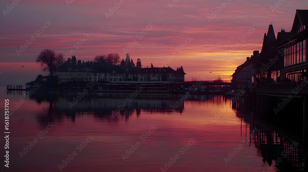 Fototapeta premium Vibrant Pink Sunset Over City Harbor