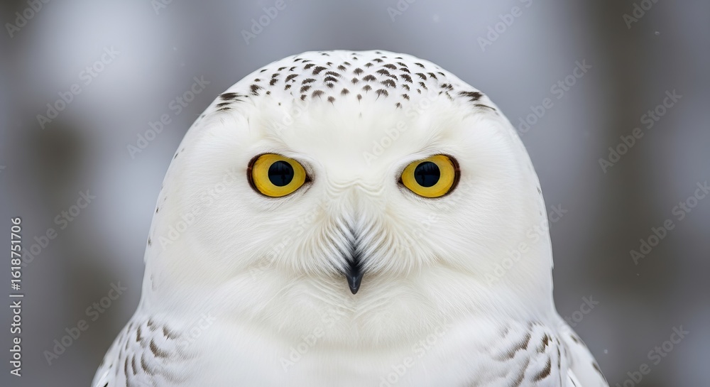 Obraz premium Close up portrait of snowy owl face with yellow eyes in winter wildlife animal photography image capture